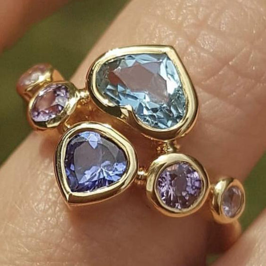 Anillo Cristal Corazón Azul y Morado Vintage