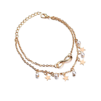 Pulsera tobillera infinito + perlas y estrellas