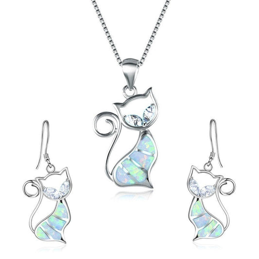 Conjunto Collar + Pendientes Gatito Bonito en Plata y Ópalo