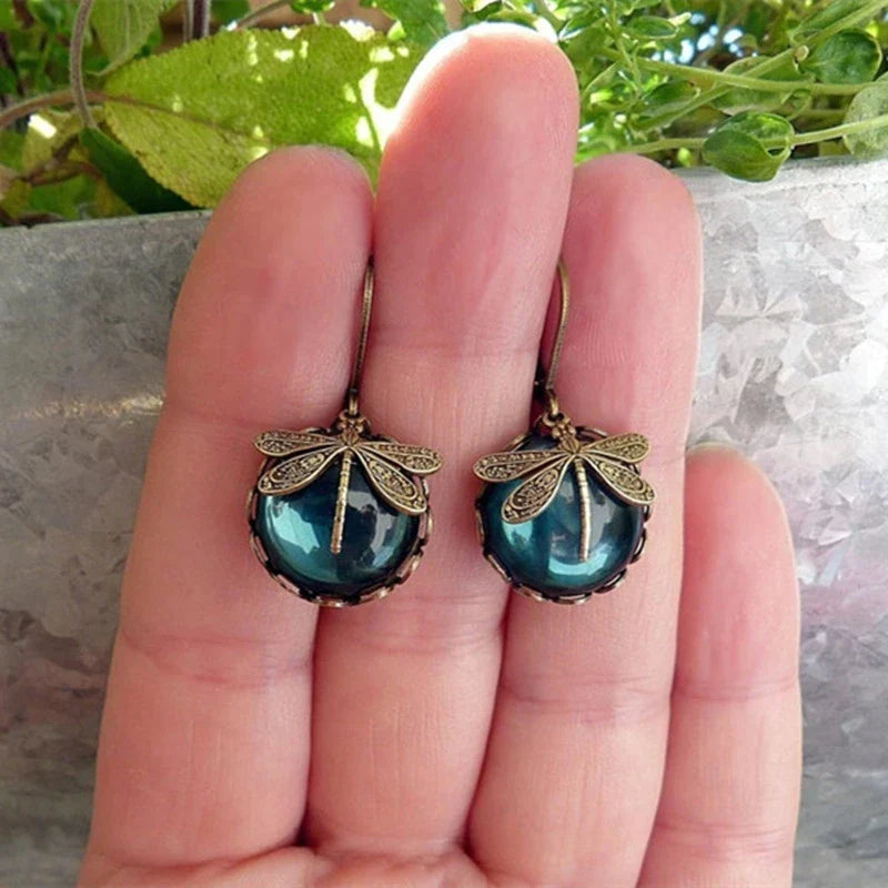 Pendientes de Libélula con Cristal Azul en Oro Antiguo