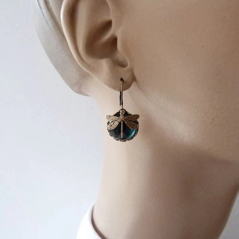 Pendientes de Libélula con Cristal Azul en Oro Antiguo