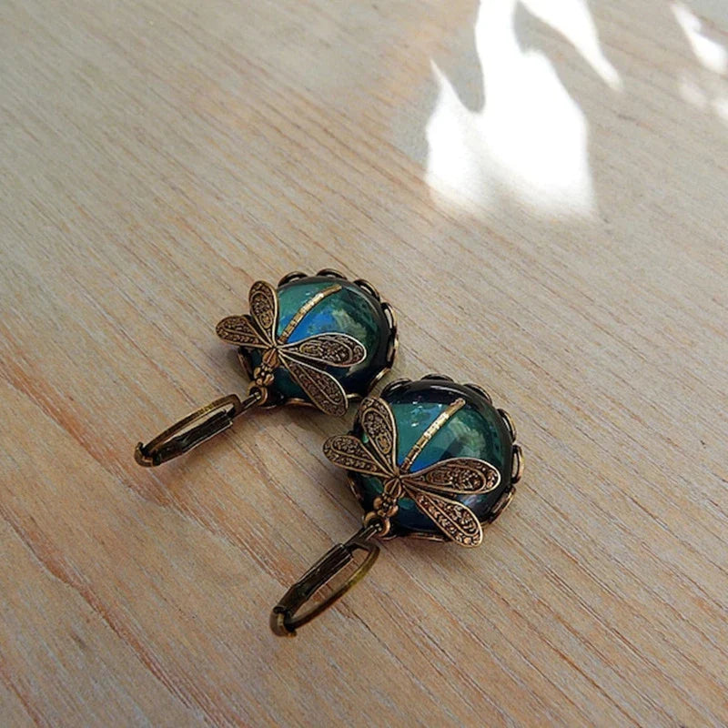 Pendientes de Libélula con Cristal Azul en Oro Antiguo