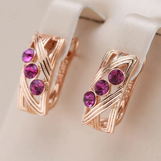 Elegantes Aretes Cristal Púrpura en Oro