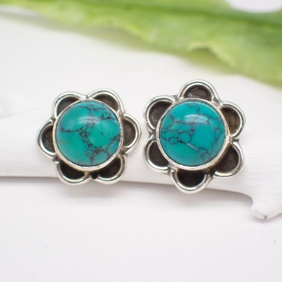 Aretes Flor con Piedra Turquesa Vintage