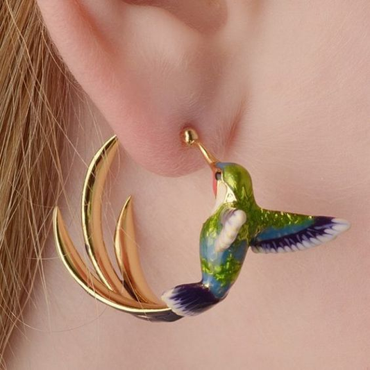 Pendientes vintage de aro de colibrí esmaltados