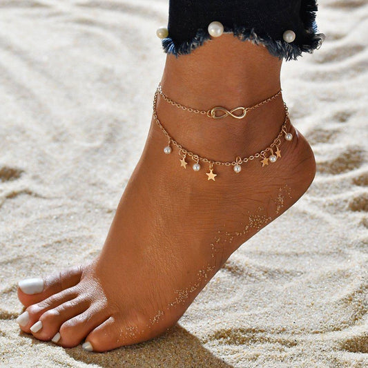 Pulsera tobillera infinito + perlas y estrellas